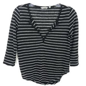 Athleta Zephyr black with white stripe split v-neck 3/4 sleeves linen top small